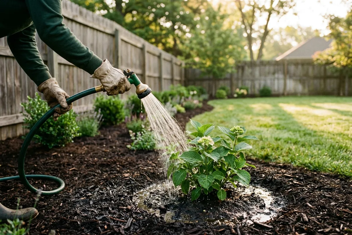 Watering the base of a newly planted hydrangea in a fresh mulch bed at sunrise