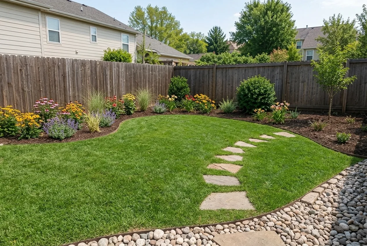 Backyard with layered privacy planting along a fence